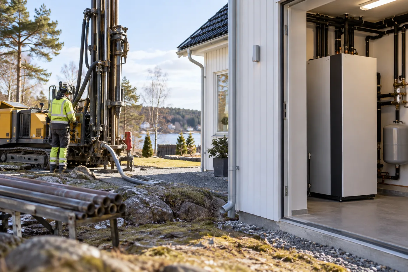 bergvärme i en svensk villa med modern värmepump och energieffektiv installation