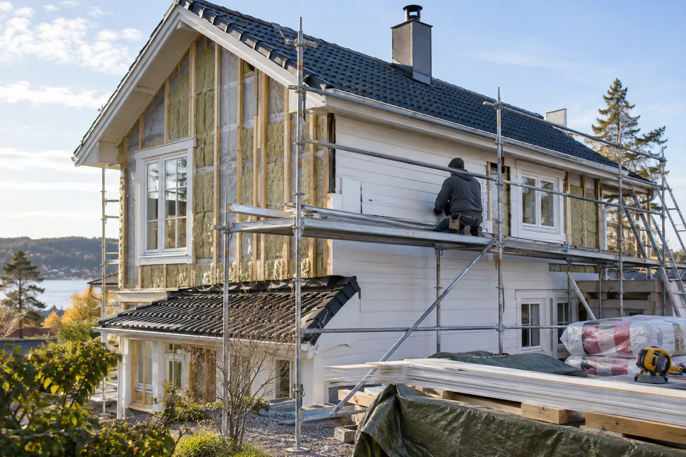fasadrenovering som haller material fukt och underarbete i en realistisk svensk bygg- och renoveringsmiljö