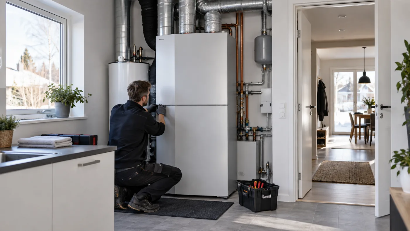 frånluftsvärmepump i en svensk villa med modern värmepump och energieffektiv installation