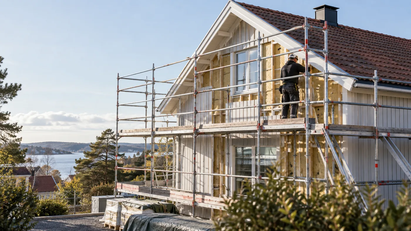 hyra byggstallning sakerhet och logistik runt huset i en realistisk svensk bygg- och renoveringsmiljö