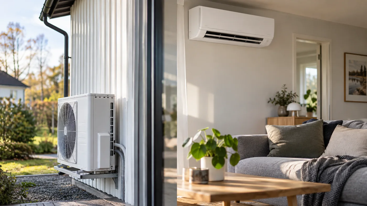 luft luft värmepump i en svensk villa med modern värmepump och energieffektiv installation