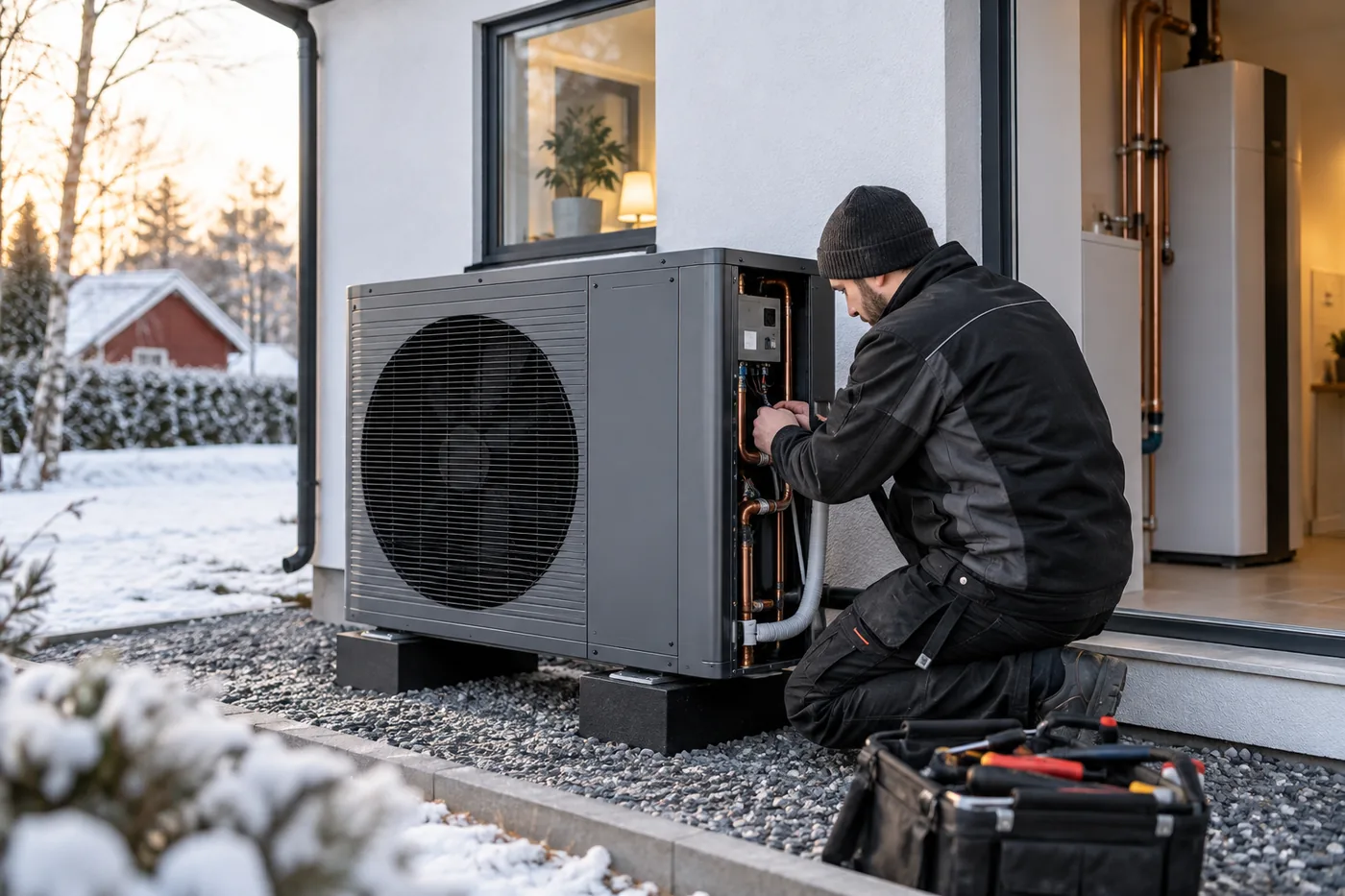 luft vatten värmepump i en svensk villa med modern värmepump och energieffektiv installation