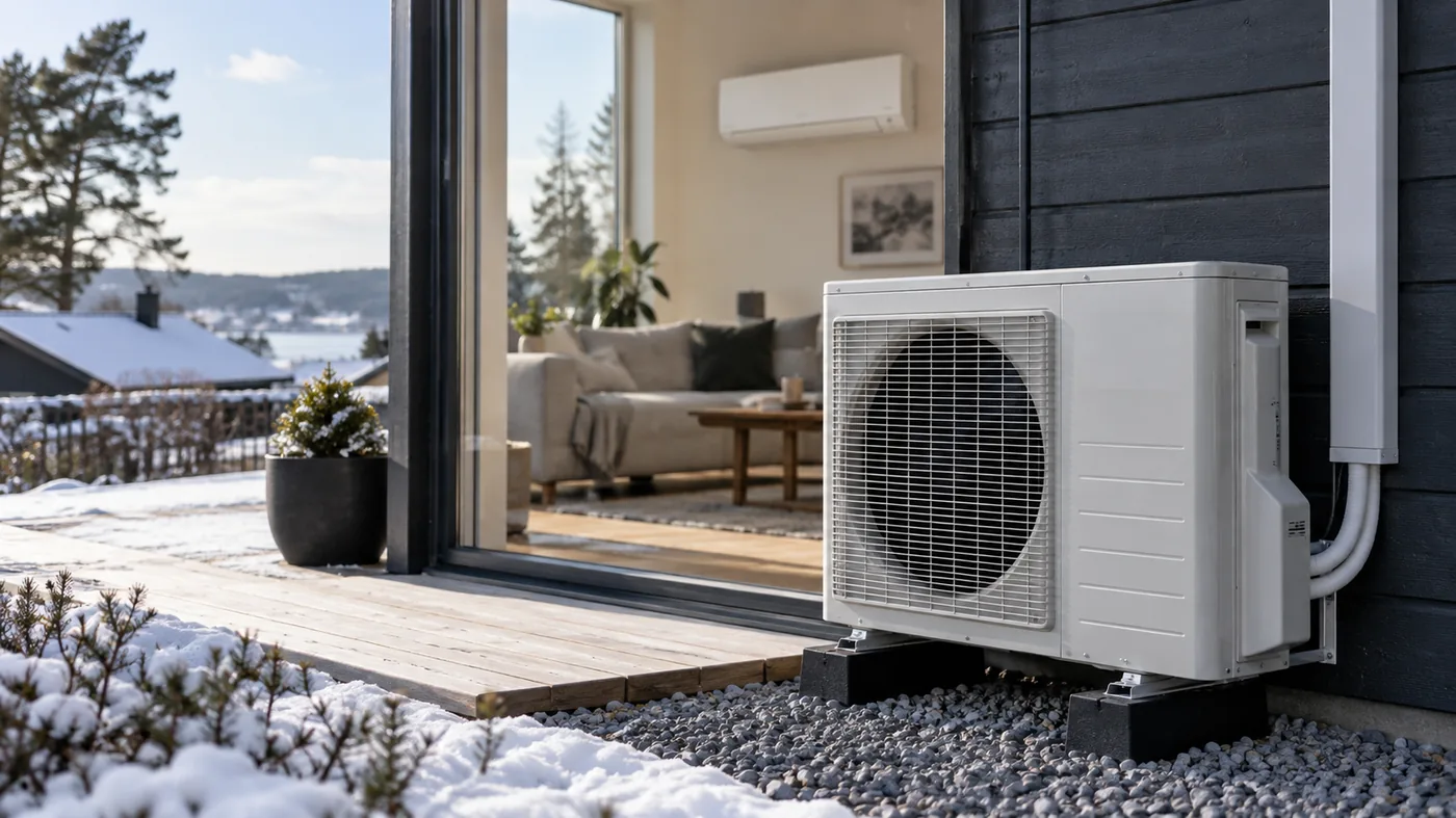 luftvärmepump i en svensk villa med modern värmepump och energieffektiv installation