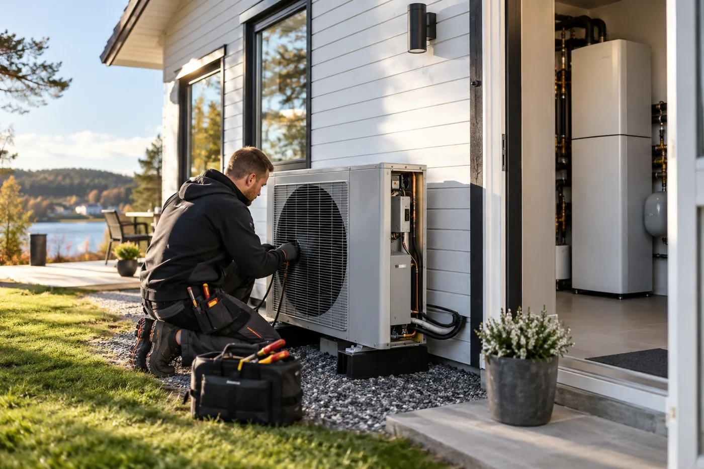 värmepump i en svensk villa med modern värmepump och energieffektiv installation